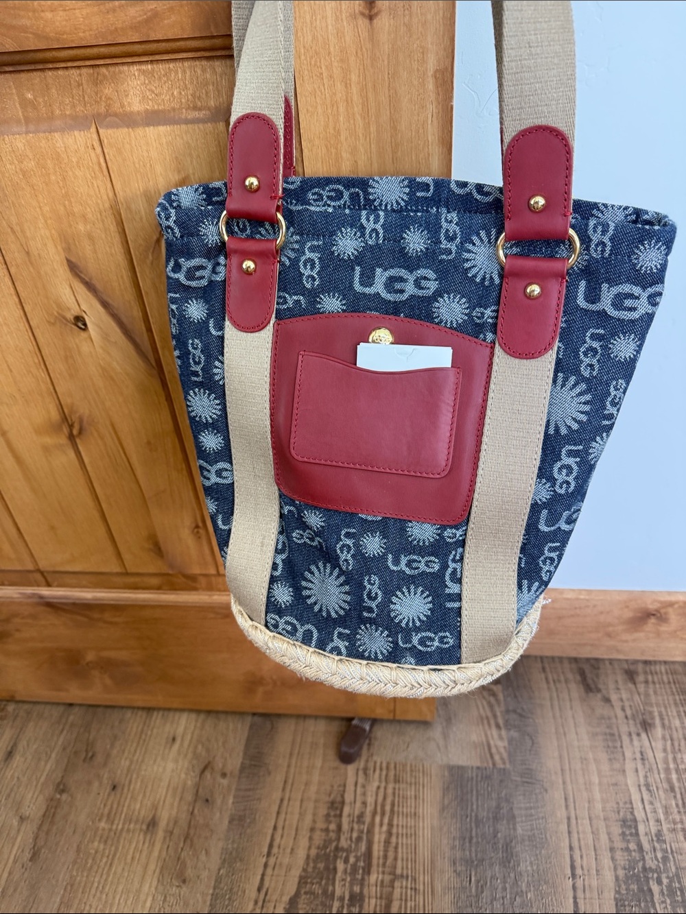 UGG Navy Logo Tote with Red Trim and Natural Straps
